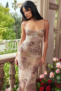 Floral Print Mesh Bustier Spaghetti Strap Bodycon Midi Dress