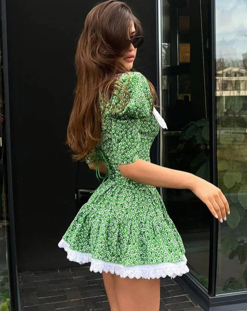 Ditsy Floral Print Eyelet Lace Collar Puff Sleeve Ruffle Hem Mini Dress