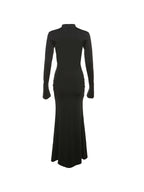 Solid Crew Neck Backless Long Sleeve Maxi Dress