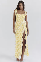 cherry ruffle maxi dress-yellow flower