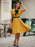 Polka Dot Shirt Dress With Tie And Belt Flutter Sleeve Vintage Midi Dress For Women 2026