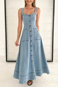 Denim Square Neck Button Front Patch Pocket A-Line Maxi Dress