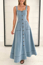 Denim Square Neck Button Front Patch Pocket A-Line Maxi Dress