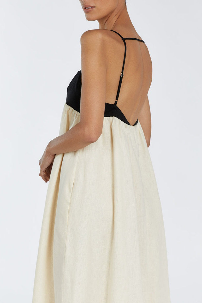 Beige Spaghetti Strap Square Neck Empire Waist Gathered Patchwork Maxi Dress