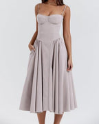 Corset Bodice Basque Waist Pleated A-Line Midi Dress