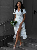 Pure Cotton Bandage Wrap-up Puff Sleeve Printed Comfort Maxi Dresses