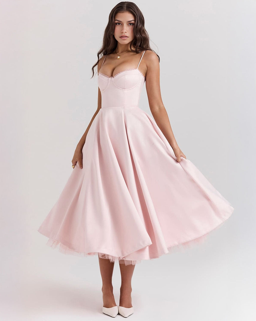 Lace Trim Corset Bustier Spaghetti Strap Pleated Pocket Tea Length Dress