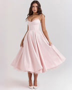 Lace Trim Corset Bustier Spaghetti Strap Pleated Pocket Tea Length Dress