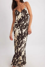 Deep V Spaghetti Strap Cow Print Satin Maxi Slip Dress