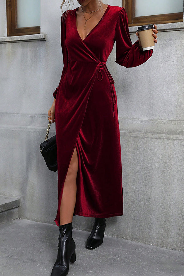 Velvet Wrap Deep V-Neck Bishop Sleeve Tie Waist High Split Maxi Dress