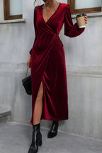 Velvet Wrap Deep V-Neck Bishop Sleeve Tie Waist High Split Maxi Dress