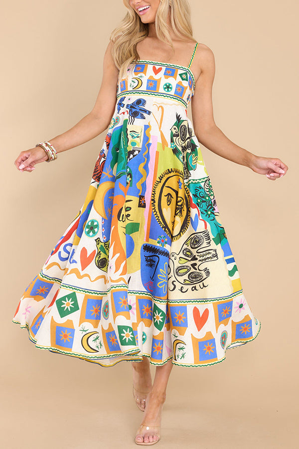Graphic Print Square Neck Spaghetti Strap Pocket A-Line Maxi Dress