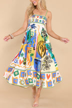 Graphic Print Square Neck Spaghetti Strap Pocket A-Line Maxi Dress