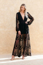 Mesh Lace Embroidery Deep V-Neck Long Puff Sleeve High Split Maxi Dress