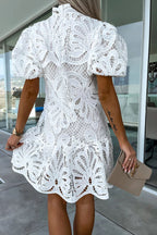 Crochet Lace Mock Neck Puff Sleeve Ruffle Hem Mini Dress