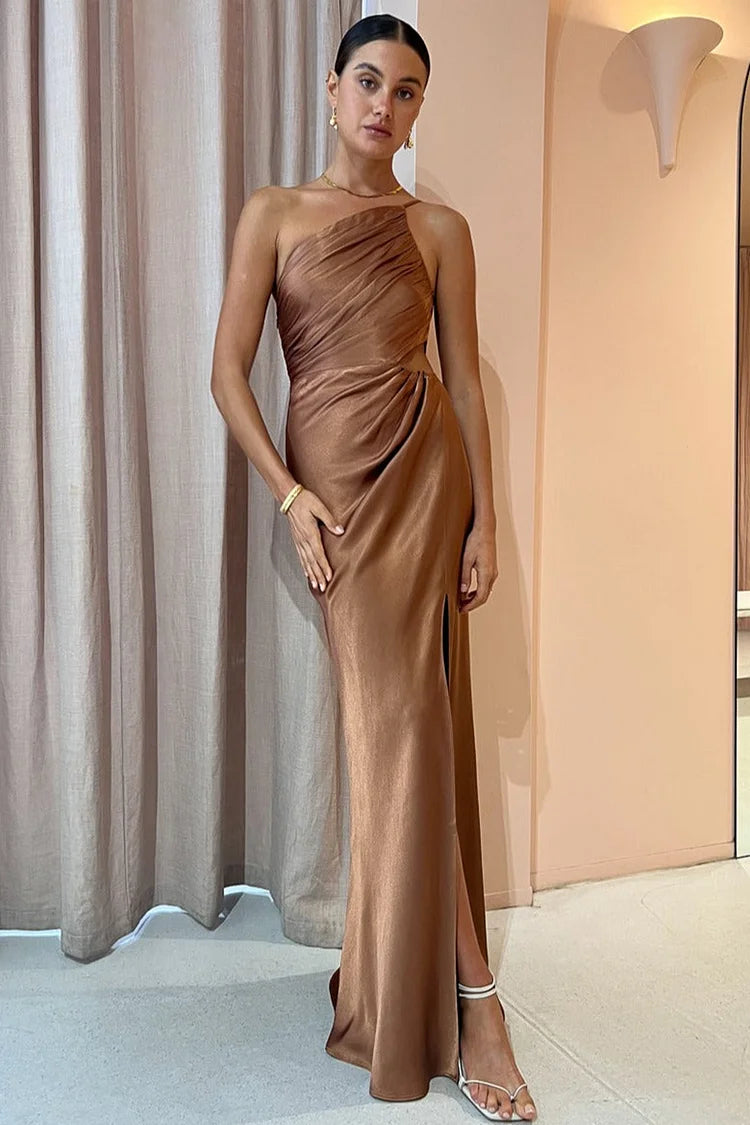 Regina Chic One Shoulder Ruched Evening Dress with High Slit and Cami Maxi Silhouette Collection