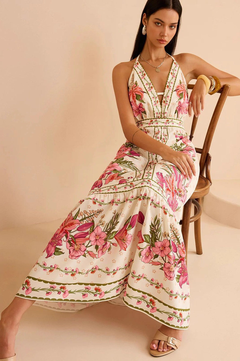 Floral Print Halter V-Neck Lace Trim Maxi Dress
