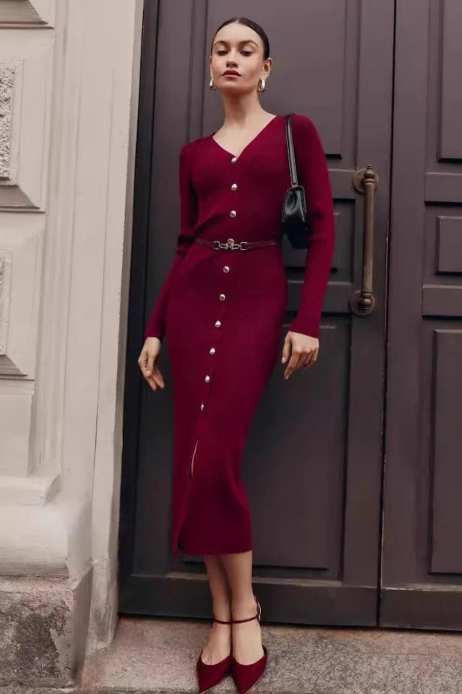 Rib Knit Deep V-Neck Button Front Belted Side Slit Midi Dress