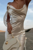 Satin Cowl Neck Rosette Applique Ribbon Tie Slip Maxi Dress