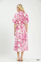 Umgee Abstract Print Smocked Tie Waist Midi Dress