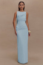 High Neck Ruched Crossover Drape Hip High Slit Jersey Maxi Dress
