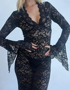 Sheer Lace Deep V-Neck Bell Sleeve Bodycon Maxi Dress