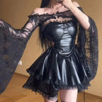 Off Shoulder Faux Leather Corset Lace Trumpet Sleeve Tiered Ruffle Mini Dress