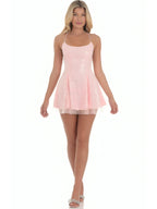 Kelsey Rhinestone Sequin Flared Dress in Pink