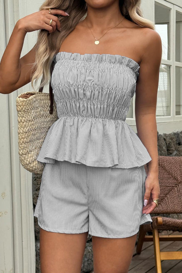 Striped Printed Sleeveless Off-shoulder Ruched Top and Elastic Waist Casual Pocket Shorts Set