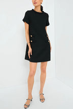 Tweed Braided Trim Crew Neck Button Welt Shift Mini Dress