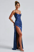 Satin Spaghetti Strap Ruched Drape High Split Bodycon Maxi Mini Dress