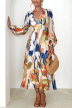 Abstract Watercolor Print Deep V-Neck Lantern Sleeve Smocked Waist Midi Dress