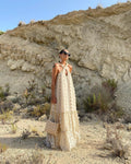 3D Floral Applique Crisscross Halter Tiered Maxi Dress