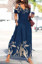 Botanical Print Cold Shoulder V-Neck Pocket Tiered Maxi Dress