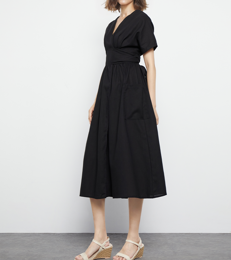 Women's Fashion V Neck Belted High Waist Short Sleeves  Linen Dress