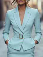 Light Blue Belted Blazer & Pencil Skirt Set
