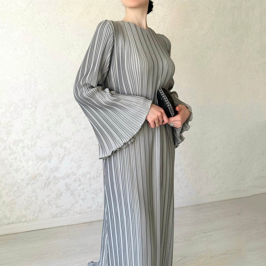Micro Pleated Crew Neck Tie Belt Bell Sleeve Maxi Dress