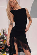 Sexy Crew Neck Sleeveless Ruched Back Mesh Bodycon Dress