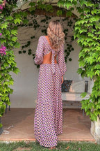 Geometric Print Deep V-Neck Balloon Sleeve O-Ring Waist Cut Out Maxi Dress