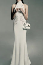 Lace Insert Halter Neck Sleeveless Pleated Column Reception Gown