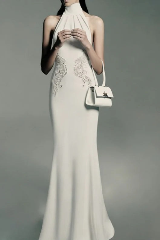Lace Insert Halter Neck Sleeveless Pleated Column Reception Gown