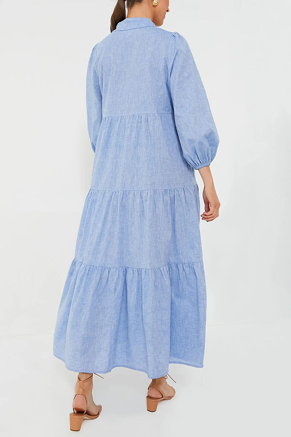 Collared Button Front Tiered Elastic Cuff Long Sleeve Midi Shirt Dress