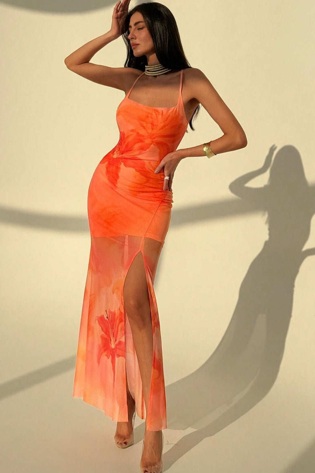 Orange Spaghetti Strap Square Neck Floral Print Mesh Overlay Side Slit Maxi Dress