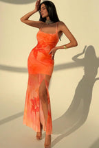 Orange Spaghetti Strap Square Neck Floral Print Mesh Overlay Side Slit Maxi Dress