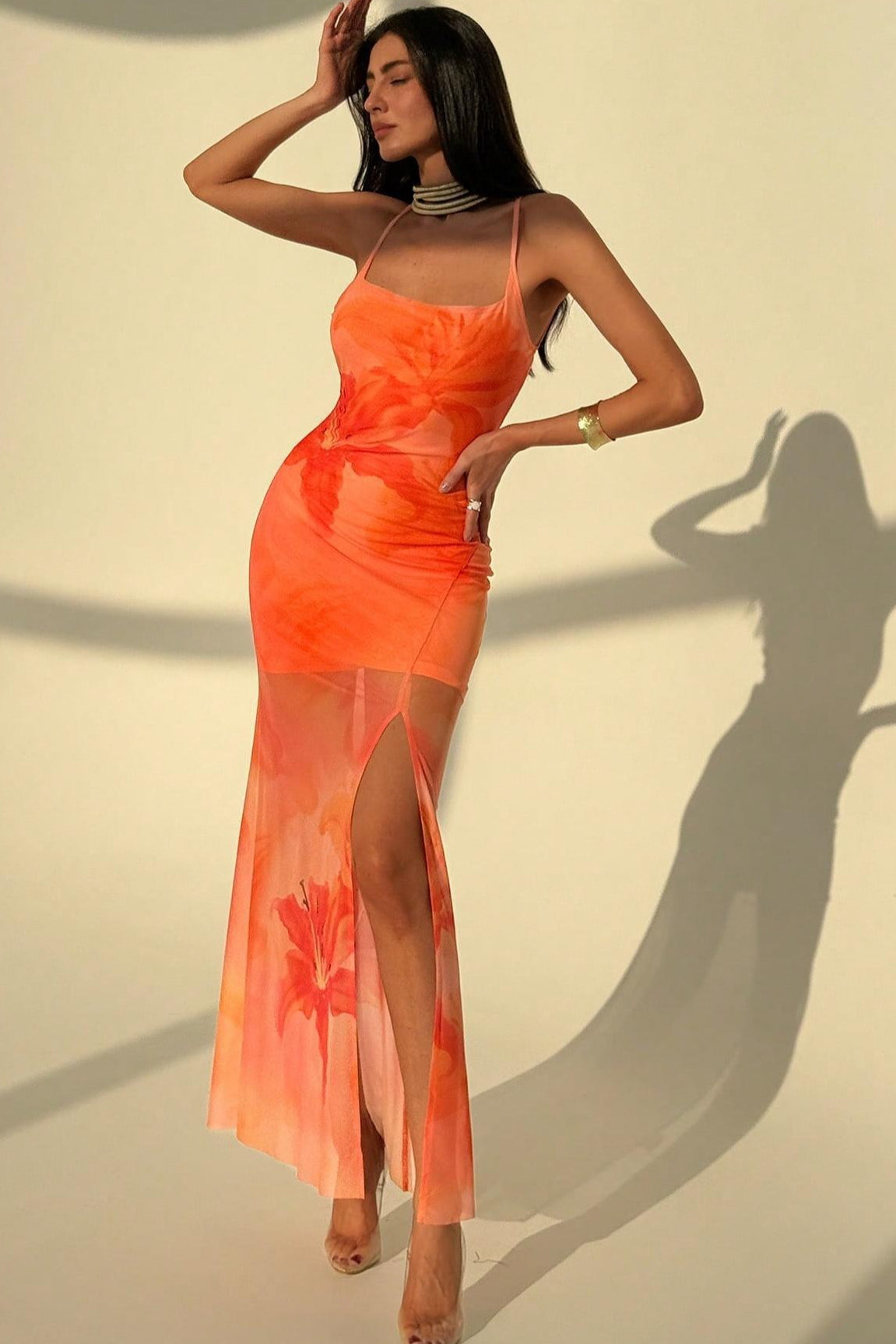 Orange Spaghetti Strap Square Neck Floral Print Mesh Overlay Side Slit Maxi Dress