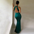Satin Twist Front Halter Neck Bodycon Maxi Cocktail Dress