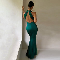 Satin Twist Front Halter Neck Bodycon Maxi Cocktail Dress
