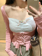 Square Neck Lace Splice Lacing Long Sleeve Knit