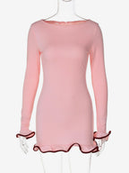 Soft Pink Bodycon Dress Elegant Pleated Long Sleeves Mini Dress For Women 2026