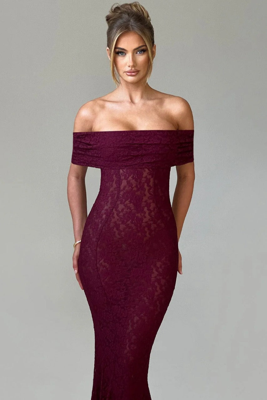 Floral Lace Off Shoulder Foldover Cuff Mermaid Maxi Dress